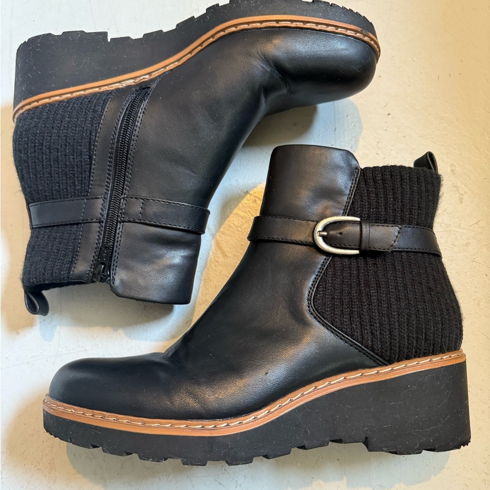 BareTraps Black Ankle Boots with Buckle and Knit Accent